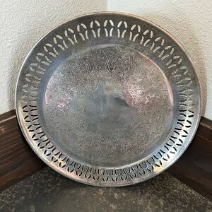 Vintage Silver Plated On Copper Footed Tray Platter 10.5” Ornate Etched Plate